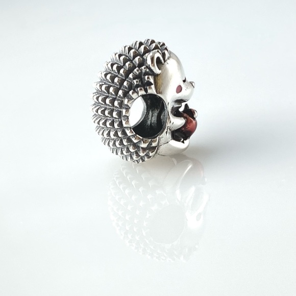 Sterling Silver Cute Hedgehog With Red Apple Charm - Picture 8 of 11